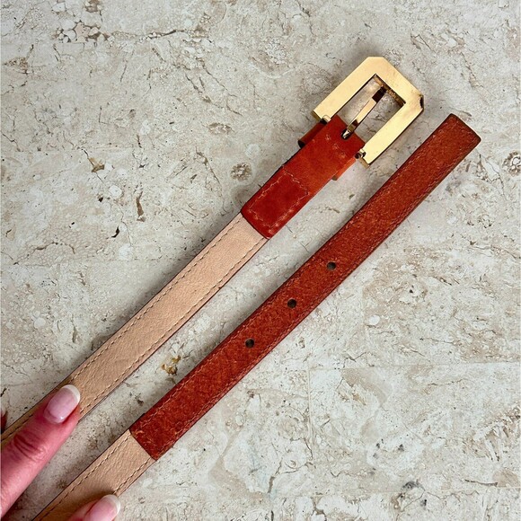 Vince Camuto Skinny Belt Tan Brown Faux Vegan Leather Blue Tapestry Inset - Picture 6 of 11